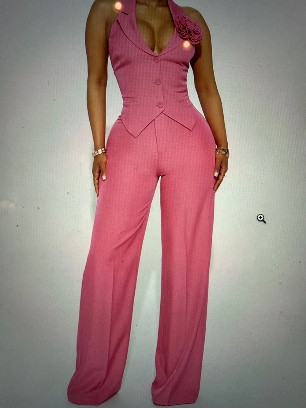 Fashion Nova Pink Tailored Vest Jumpsuit with Floral Shoulder